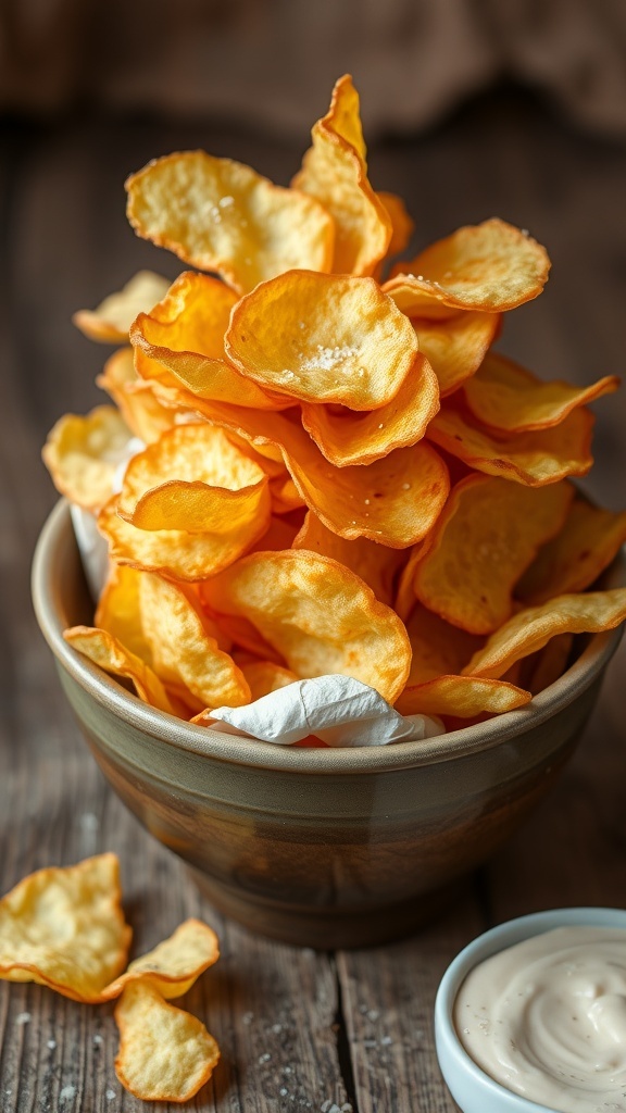 A bowl of crispy potato chips with a sprinkle of salt and a dip on a wooden table.
